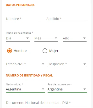 Betsson formulario de Datos personales