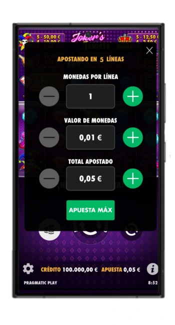 Configuración de la apuesta en el juego Joker's Jewels, con opciones para ajustar monedas por línea y valor de monedas