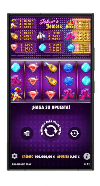 Interfaz móvil del juego Joker's Jewels, mostrando la cuadrícula de símbolos y opciones para configurar la apuesta