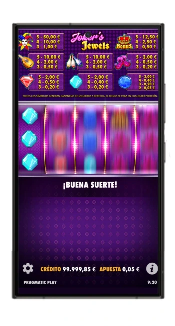 Ronda de giros en el juego Joker's Jewels, con símbolos girando en los carretes y la apuesta establecida