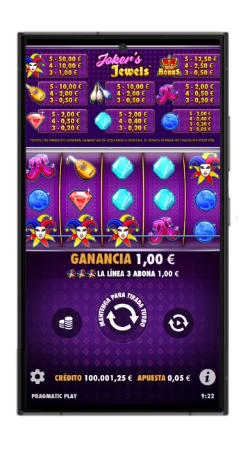 Pantalla de ganancia en el juego Joker's Jewels, mostrando símbolos alineados y reglas básicas del juego