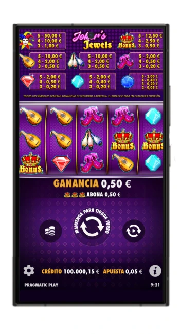 Pantalla de ganancia en el juego Joker's Jewels, con símbolos de corona que activan el bonus especial