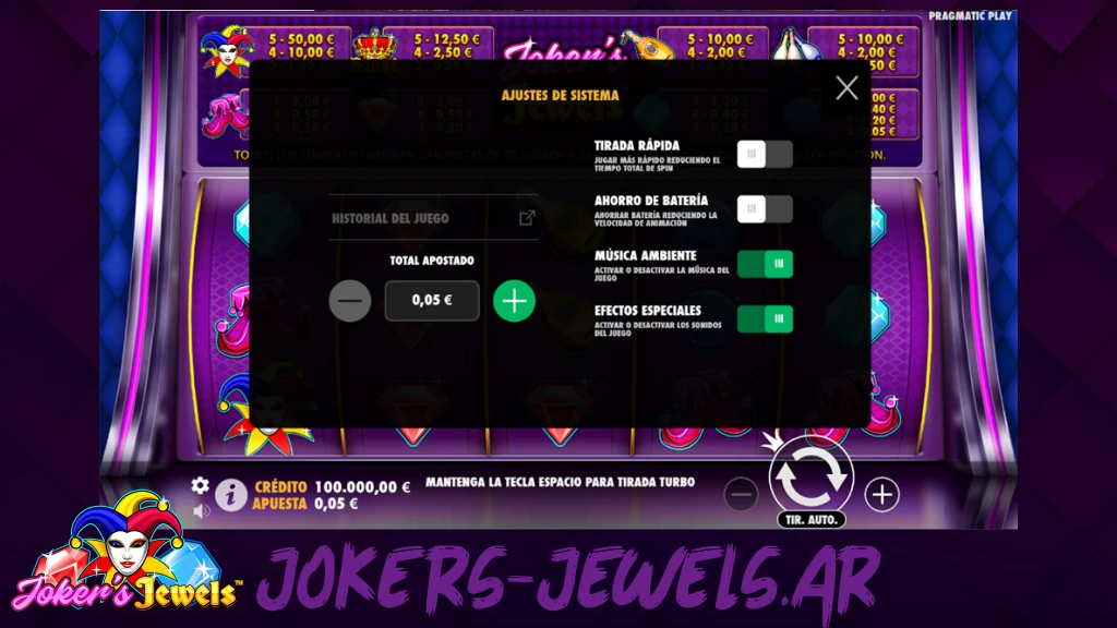 Joker Jewels Ajustes de sistema